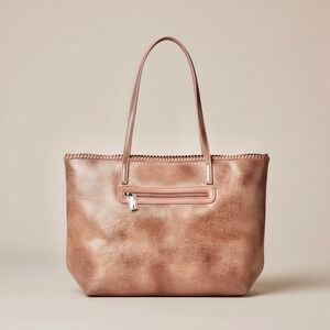 Chico's Marbled Faux Leather Large Tote Bag Blush Tan Brown Metal Chain Trim NEW